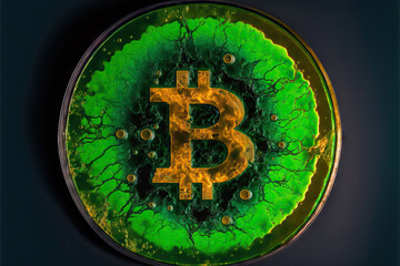 Green liquid with bitcoin symbol