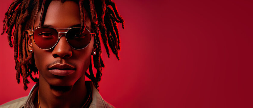 close up portrait of young man wearing sunglasses and dreadlocks isolated on red background with copy space. Wide angle format banner. Generative AI