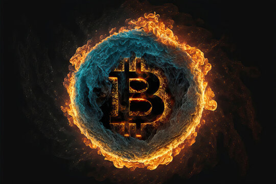 Burning bitcoin on black background