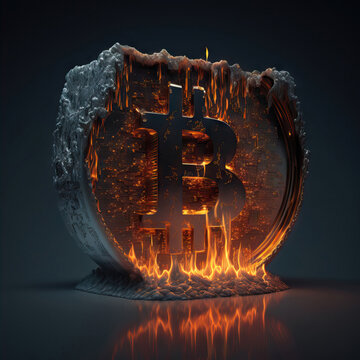 Burning bitcoin on black background