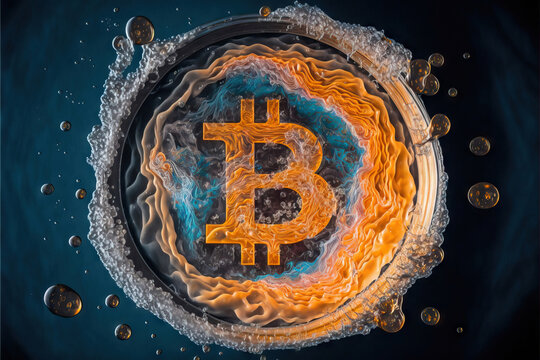 Bitcoin emblem in illuminated liquid