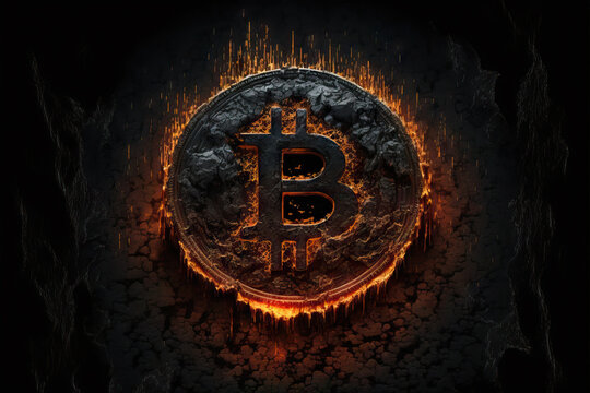 Round shaped bitcoin logo in fire