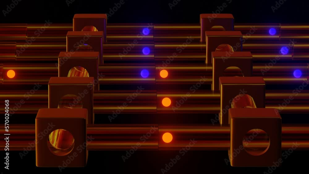 Poster flying blue and red luminous spheres in transparent tubes. looped abstract animated background. 3d r