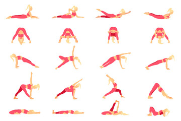 Yoga poses collection. Blonde girl in a pink tracksuit. Female woman girl. Vector illustration in cartoon flat style isolated on white background.