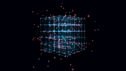 Digital blockchain concept. Data storage in separate cells. Abstract background with dots and connection lines. 3D rendering.