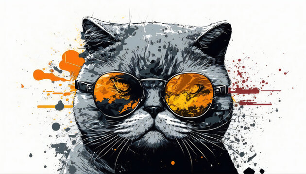 Scottish Fold cat wearing dark glasses playing Vector white background, t-shirt pattern, screen printing, unique pattern