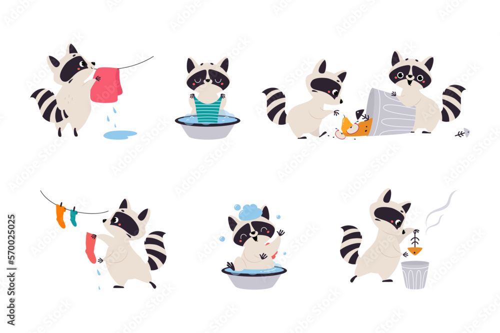 Sticker Cute Raccoon Character with Ringed Tail Engaged in Different Activity Vector Set