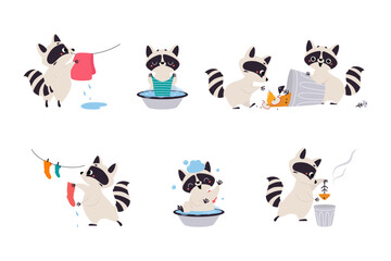 Cute Raccoon Character with Ringed Tail Engaged in Different Activity Vector Set © topvectors