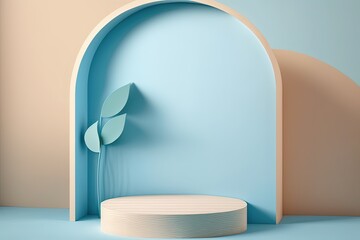 Empty exhibition podium in pastel blue color, podium for product, digital illustration, Generative AI