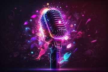 Microphone and neon lights, abstract glowing background, digital illustration, Generative AI