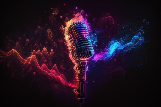 Microphone and neon lights, abstract glowing background, digital illustration, Generative AI