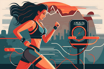 Flat vector illustration Fitness, time and technology: female athlete checks heart rate with smart watch  