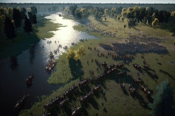 Medieval battle drone view, medieval knights invading castle, Digital illustration, Generative AI
