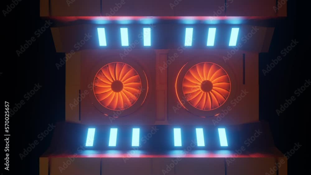 Poster 3d composition with rotating turbines with orange illumination. 3d render. looped animation