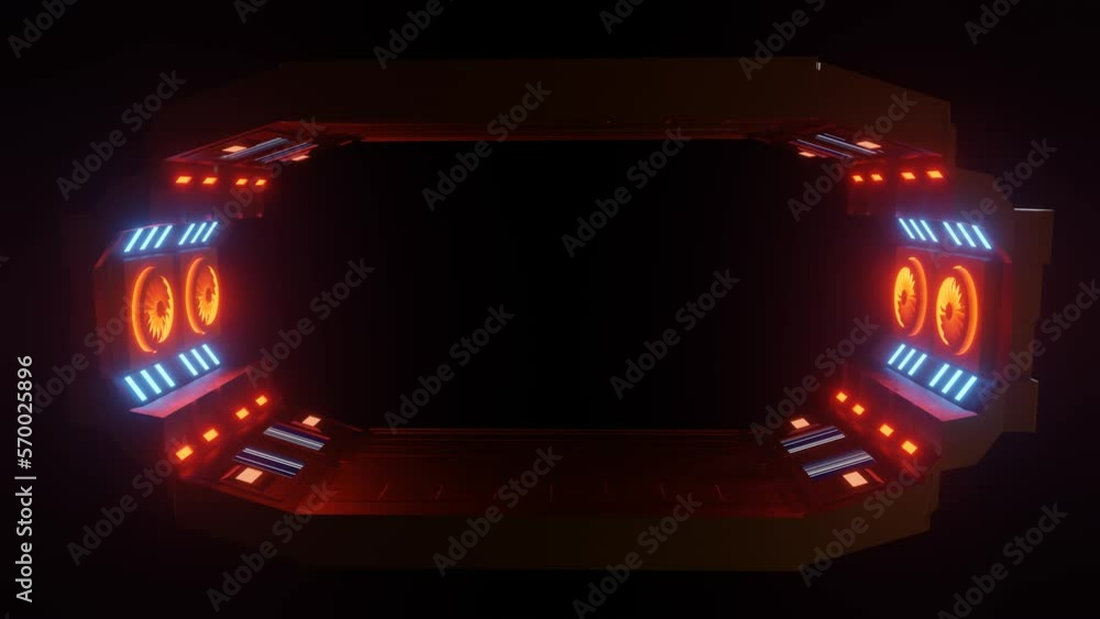 Poster 3d composition with rotating turbines with orange illumination. 3d render. looped animation