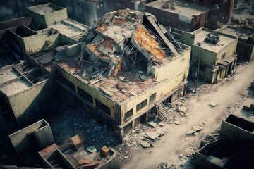 City drone view with collapsed and destroyed buildings, post apocalyptic city, realistic illustration, Generative AI

