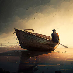 fishing boat at sunset, help someone quit loneliness, ai