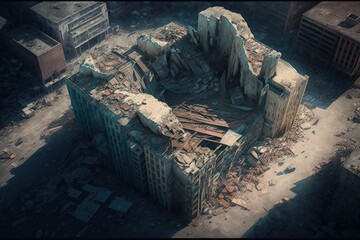 City drone view with collapsed and destroyed buildings, post apocalyptic city, realistic illustration, Generative AI
