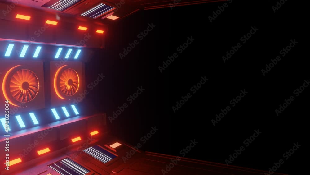 Poster 3d composition with rotating turbines with orange illumination. 3d render. looped animation