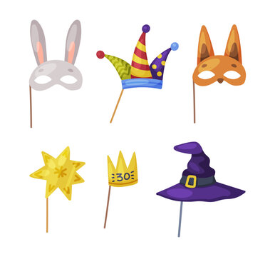 Colorful Party Birthday Photo Booth Prop with Clown Hat, Crown, Witch Hat and Animal Mask Vector Set