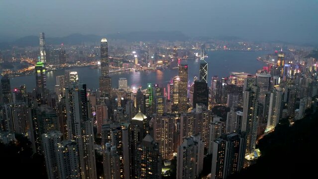 Aerial view of Hong Kong downtown at night, China.