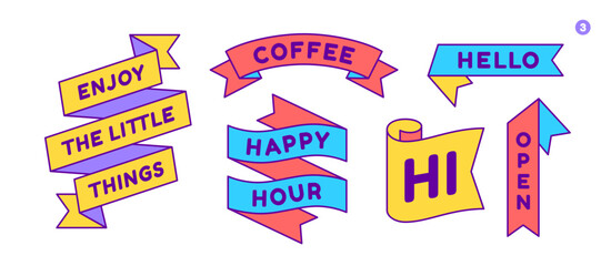 Ribbon Banner. Set color ribbon banner with text, phrase. Color isolated vintage old school silhouette ribbon different form. Graphic elements for design message. Vector Illustration © foxysgraphic