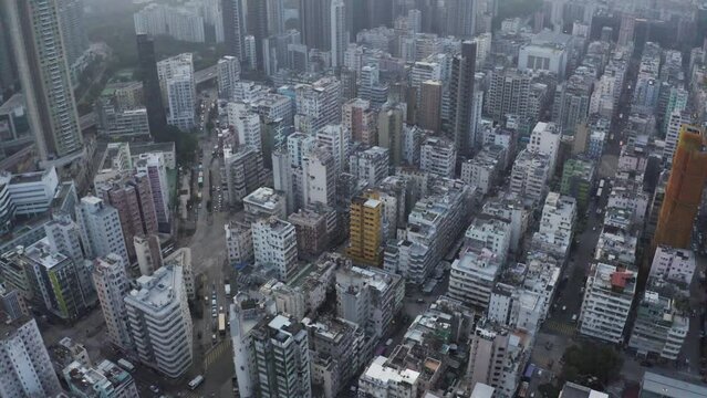 Aerial view of colourful Man Fung building in Hong Kong, Kowloon, China.