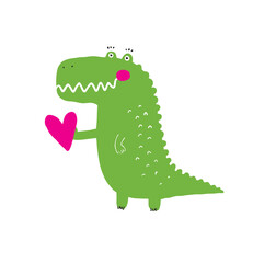 Cute Valentine's Day Card with Happy Green Crocodile. Simple Romantic Vector Illustration with Lovely Bear with Pink Heart Isolated on a White Background. Shy Alligator in Love. Cartoon Dinosaur.