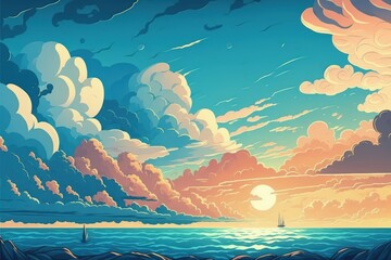 Fototapeta na wymiar blue sky with clouds and sea, sunset. Generative AI