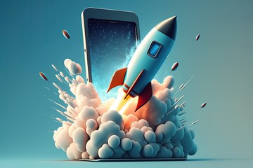 Rocket flying from mobile phone screen on blue background, startup concept, Generative AI	