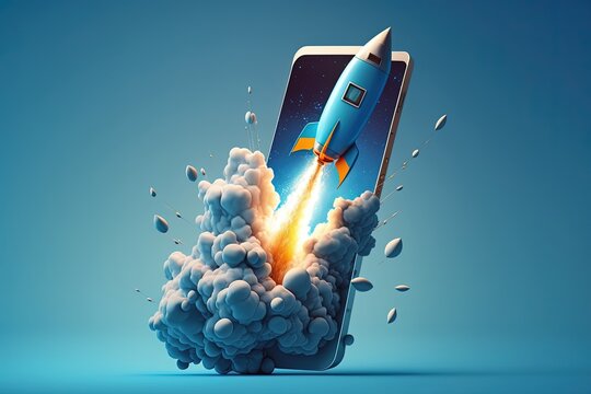 Rocket flying from mobile phone screen on blue background, startup concept, Generative AI	