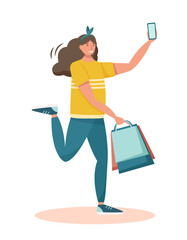 Girl with phone and bags. Shopping concept.