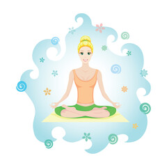 Yoga as the achievement of a sublime state of mind, girl, yoga, flowers, abstract, beauty, background, smile, Indian, lotus position