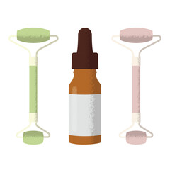 Serum in a glass bottle, jade and quarzt rollers. Colorful cosmetic set.