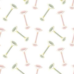 Seamless vector pattern with jade and quartz rollers. Vector background with cosmetic tools.