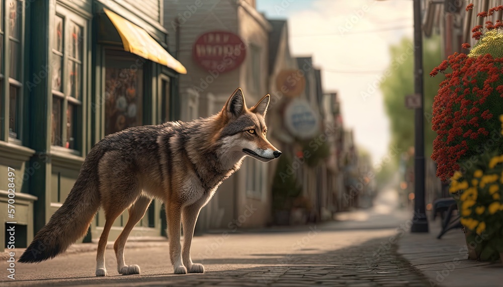 Poster  a wolf standing on the side of a road next to a building with flowers growing on it's sides and a storefront with a sign on it's side.  generative ai
