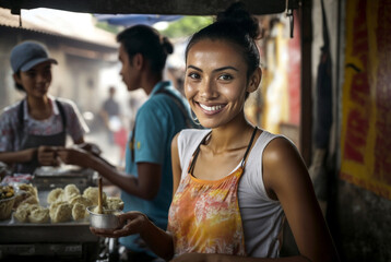 a local street vendor street food with local food, street market in Bali or Thailand or similar, fictitious place and person. Generative AI - obrazy, fototapety, plakaty