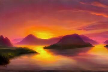 Fototapeta na wymiar Sunset over the river with mountain horizon