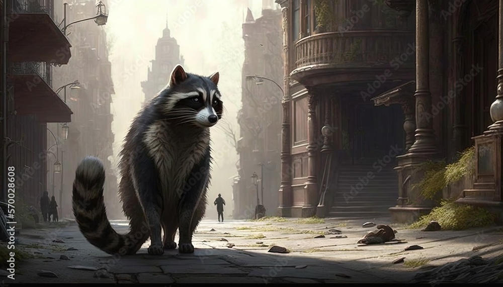Poster a raccoon is standing on a cobblestone street in a fantasy setting with a man in the distance in the