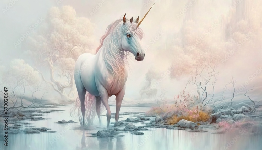 Poster a painting of a white unicorn standing in a stream of water with a mountain in the background and tr