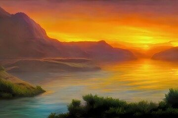 Obraz premium Sunset over the river with mountain horizon