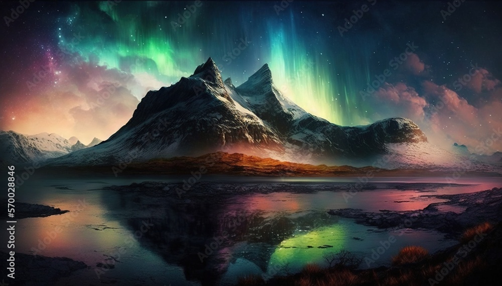 Poster a painting of a mountain with the aurora lights in the sky above it and a body of water in the foreg