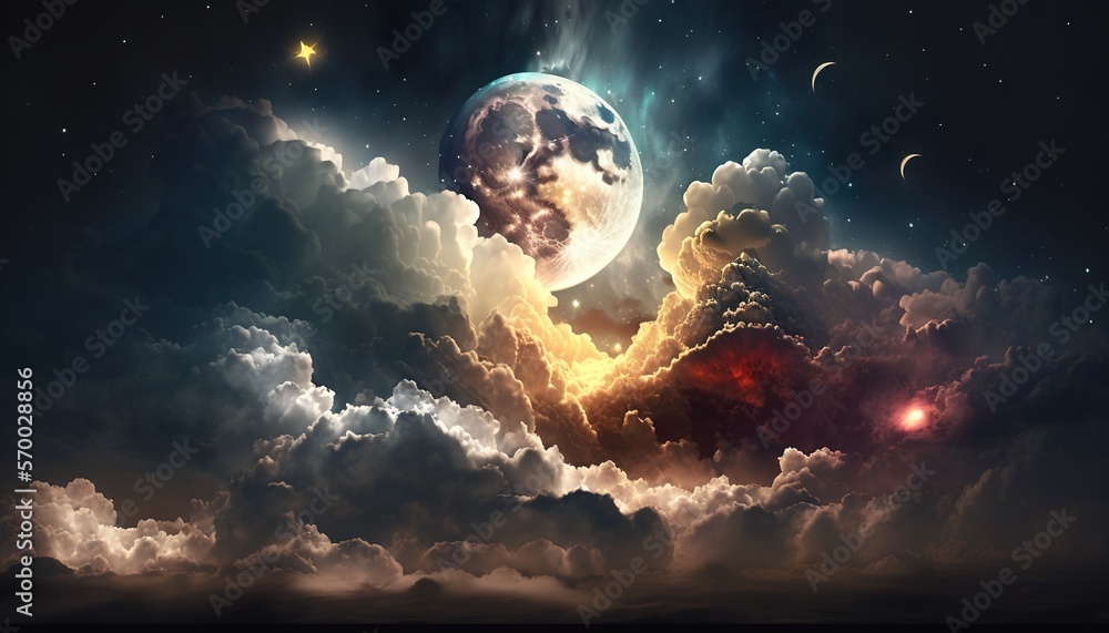 Poster a painting of a sky with clouds and a moon in the distance with stars and planets in the sky and a f