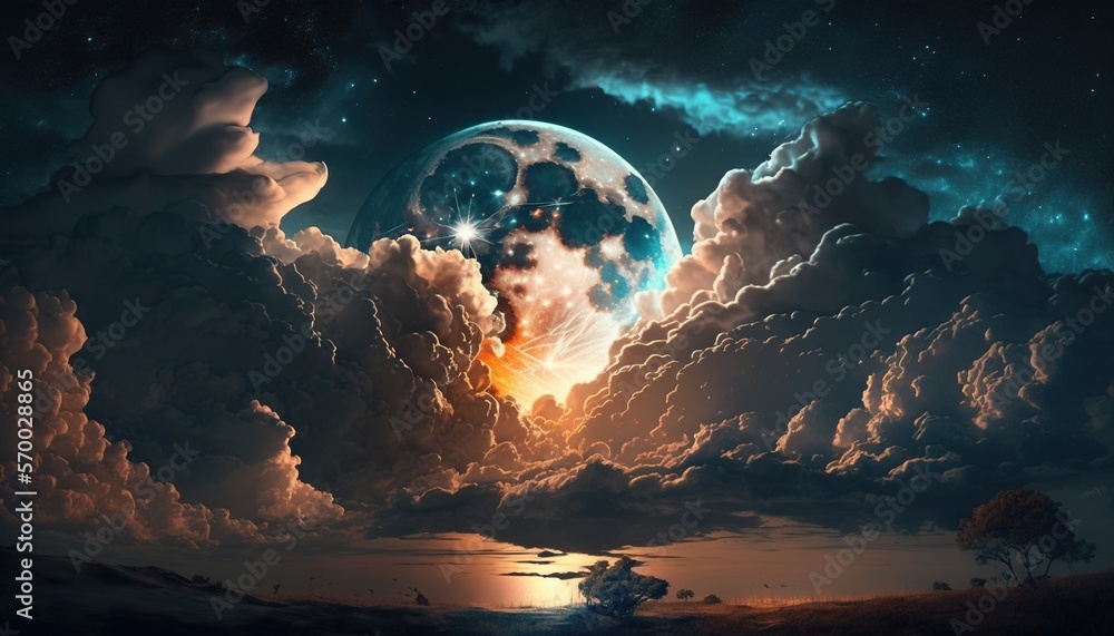 Poster a painting of a full moon in the sky with clouds and a tree in the foreground with a body of water i