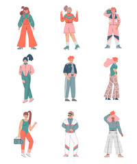 People in 80s fashionable street style outfit set. Girls and guys in retro style fashion outfit cartoon vector illustration