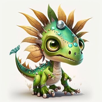 recommend clip art:  a green and yellow dragon with big eyes and a big tail, sitting on a white surface, with leaves on it's head.  generative ai