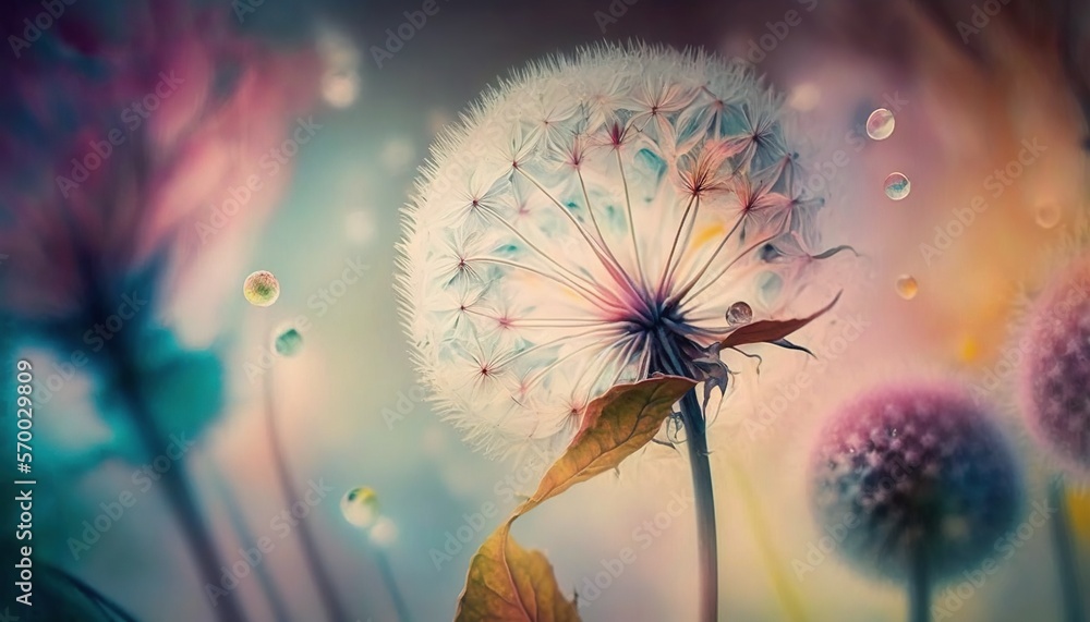 Poster a dandelion with drops of water on it and a blurry image of a dandelion with drops of water on it. g