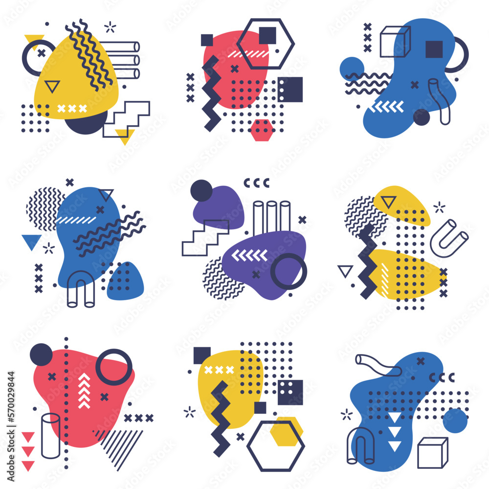Poster abstract composition with color splash and geometric shapes vector set