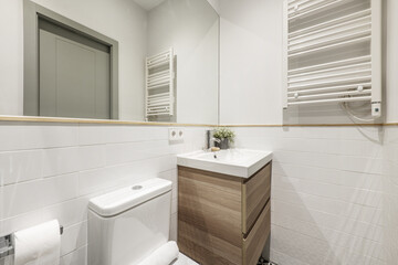 Newly renovated bathroom white porcelain sink on wooden cabinet with drawers, heated towel rail, integrated wall mirror with wooden border and decorative plant