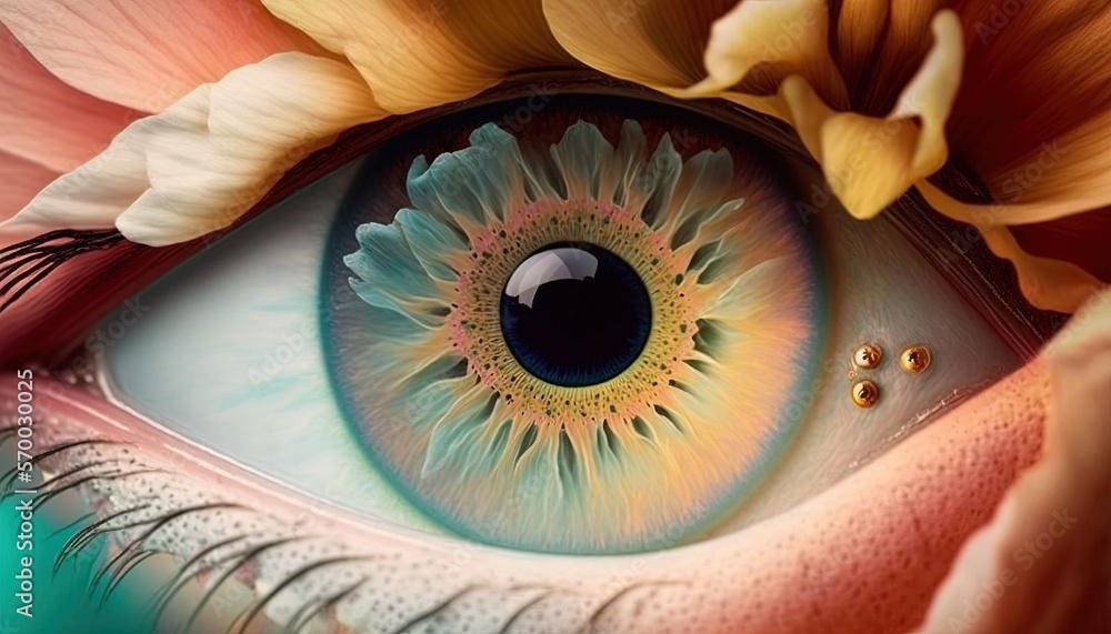 Poster a close up of an eye with a flower in the iris's irisgenerative ai